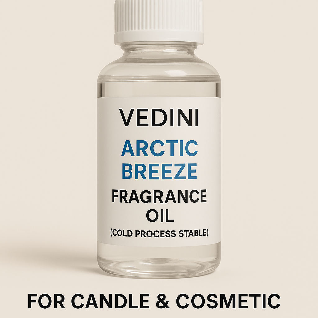 Experience the crisp, revitalizing aroma of Vedini Arctic Breeze Fragrance Oil, expertly crafted for candle makers, soap artisans, and cosmetic formulators. This fragrance offers a cool, refreshing scent reminiscent of icy winds and fresh air, balanced with subtle aquatic and minty undertones. Perfect for use in scented candles, cold process soap, lotions, body butters, and DIY personal care products, this oil is cold process stable, ensuring no scent loss or discoloration during soap making. Whether you're creating summer-themed candles or skin care with a spa-like vibe, Arctic Breeze adds a sophisticated, clean freshness to your creations. ✅ Key Features: Fragrance Profile: Fresh, clean, icy breeze with a touch of mint Cold Process Stable: Works well in soaps and cosmetics Long-Lasting Aroma: Ideal for candles and skincare formulations Versatile Use: Candles, soaps, lotions, body wash, room sprays, etc. Premium Quality: Skin-safe when used at proper dilution 💡 Recommended Usage: Candles: 6%–10% Cold Process Soap: 3%–5% Leave-on Products (lotions, creams): 1%–2% Rinse-off Products (body wash, shampoo): up to 3% 📦 Packaging Sizes Available: 15ml | 50ml | 100ml | 500ml | 1 Litre 🔍 SEO Keywords: Arctic Breeze Fragrance Oil for Candle & Cosmetic
