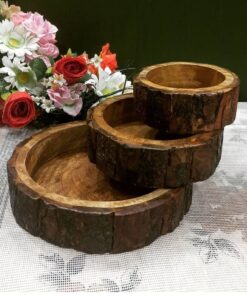 Vedini Sheesham Wood Handcrafted Wooden Serving Tray, Portable Wooden Platter - Set of 3 Small (4 to 5 inch), Medium (7 inch app), Large (9 inch app) for Food, Coffee,or Beverages